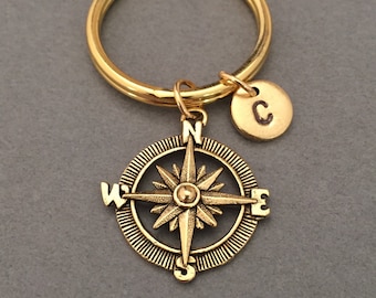 Compass keychain, compass charm, direction keychain, personalized keychain, initial keychain, initial charm, customized, monogram