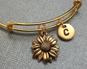 Sunflower bangle, sunflower charm bracelet, expandable bangle, charm bangle, personalized bracelet, initial bracelet, monogram