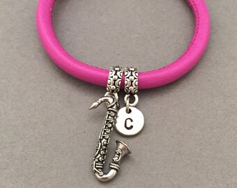 personalized bracelet saxophone charm bracelet initial bracelet monogram expandable bangle charm bangle Saxophone bangle