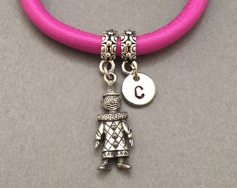 Clown leather bracelet, clown charm bracelet, leather bangle, personalized bracelet, initial bracelet, monogram