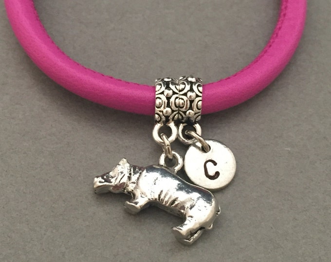 Hippo leather bracelet, hippo charm bracelet, leather bangle, personalized bracelet, initial bracelet, monogram