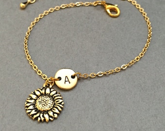 Sunflower charm bracelet, sunflower charm, adjustable bracelet, flower, personalized bracelet, initial bracelet, monogram