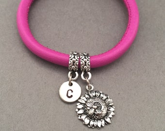 Sunflower leather bracelet, sunflower charm bracelet, leather bangle, personalized bracelet, initial bracelet, monogram