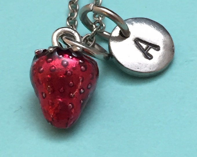 Strawberry necklace, strawberry charm, food necklace, personalized necklace, initial necklace, initial charm, monogram, fruit jewelry, food