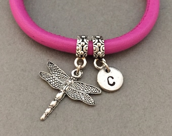 Dragonfly leather bracelet, dragonfly charm bracelet, leather bangle, personalized bracelet, initial bracelet, monogram