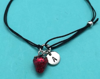 Pulsera de cordón de fresa, fresa pulsera, pulsera ajustable, pulsera, inicial, monograma de pulsera personalizada,