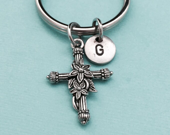 Cross with flowers keychain, cross with flowers charm, religious keychain, personalized keychain, initial keychain, customized, monogram