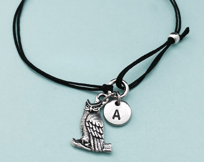 Owl cord bracelet, owl charm bracelet, adjustable bracelet, charm bracelet, personalized bracelet, initial bracelet, monogram