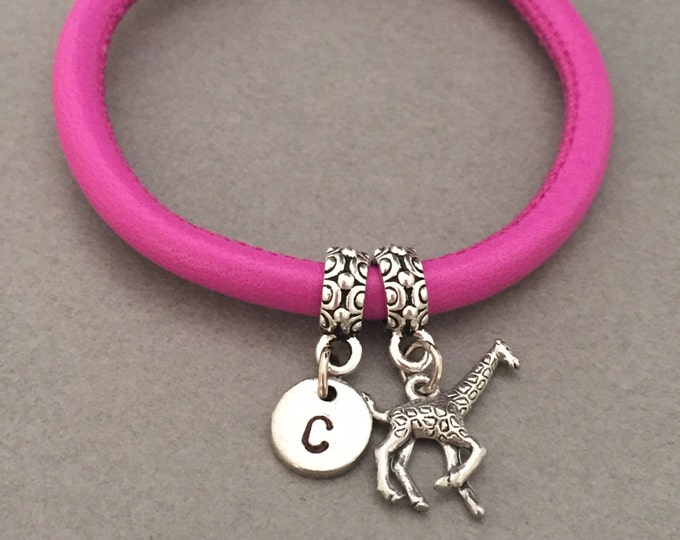 Giraffe leather bracelet, giraffe charm bracelet, leather bangle, personalized bracelet, initial bracelet, monogram