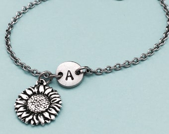 Sunflower charm bracelet, Sunflower charm, adjustable bracelet, flower, personalized bracelet, initial bracelet, monogram