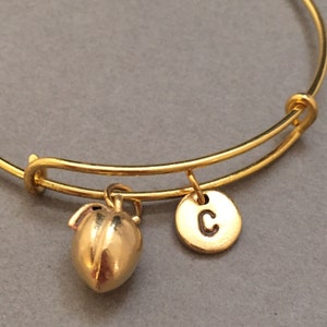 Peach bangle, peach charm bracelet, expandable bangle, charm bangle, personalized bracelet, initial, monogram image 1