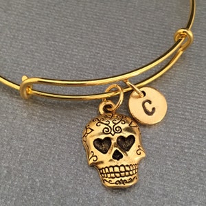 Sugar skull bangle, sugar skull charm bracelet, expandable bangle, charm bangle, personalized bracelet, initial bracelet, monogram