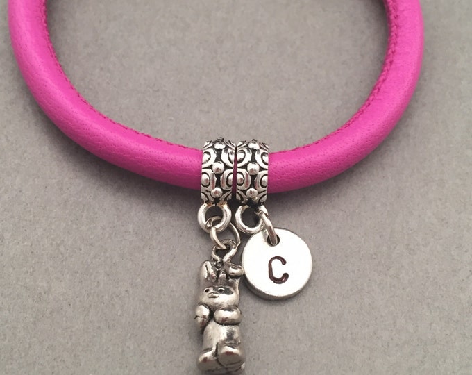Easter bunny leather bracelet, Easter bunny charm bracelet, leather bangle, personalized bracelet, initial bracelet, monogram