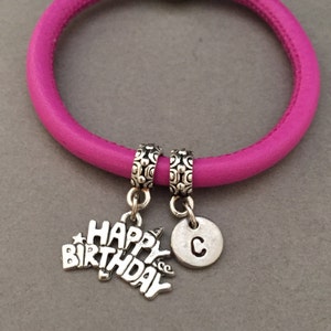 Happy birthday leather bracelet, happy birthday charm bracelet, leather bangle, personalized bracelet, initial bracelet, monogram