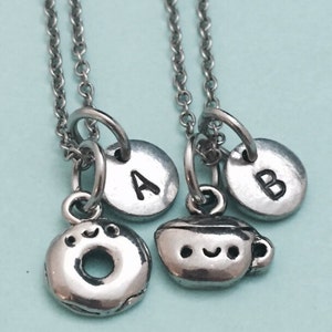 Best friend necklace, doughnut and coffee necklace, food necklace, bff nnecklace, sister, friendship, personalized, initial, monogram