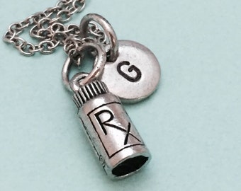 Prescription bottle necklace, medicine bottle, pill bottle, rx bottle, pharmacists, personalized necklace, initial necklace, monogram