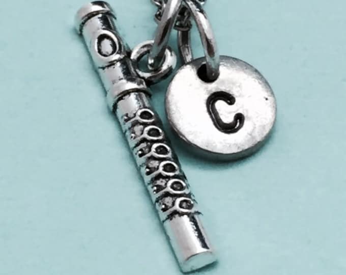 Flute necklace, flute charm, musical instrument necklace, personalized necklace, initial necklace, initial charm, monogram