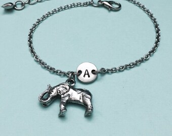 Elefante del encanto pulsera, ajustable encanto, encanto de elefante, animal, inicial, monograma de pulsera personalizada,