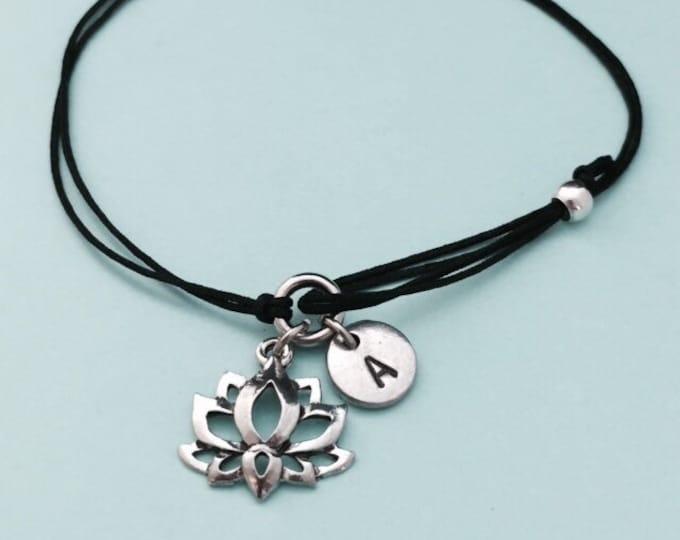Lotus flower cord bracelet, lotus flower charm bracelet, adjustable bracelet, charm bracelet, personalized bracelet, initial, monogram