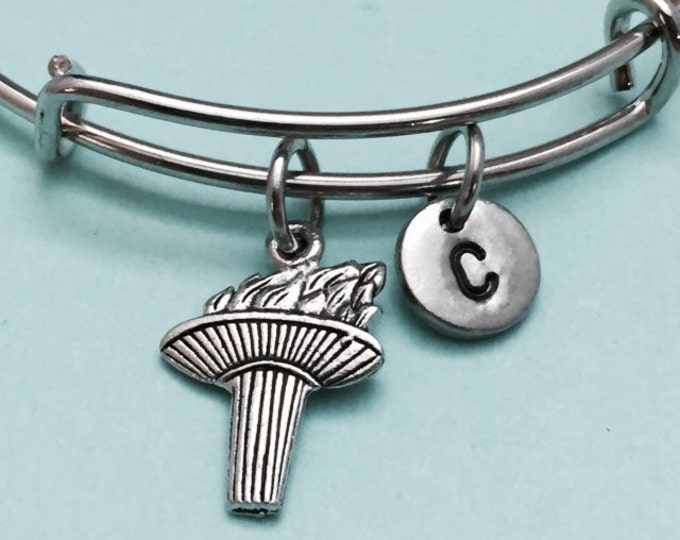 Torch bangle, torch charm bracelet, expandable bangle, charm bangle, personalized bracelet, initial bracelet, monogram