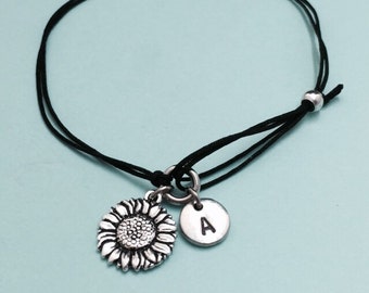 Sunflower cord bracelet, sunflower charm bracelet, adjustable bracelet, charm bracelet, personalized bracelet, initial, monogram