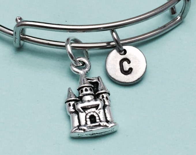 Castle bangle, castle charm bracelet, expandable bangle, charm bangle, personalized bracelet, initial bracelet, monogram