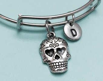 Sugar skull bangle, sugar skull charm bracelet, expandable bangle, personalized bracelet, initial bracelet, monogram