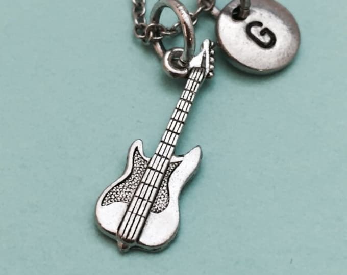 Electric guitar necklace, electric guitar charm, instrument, musician, guitar, personalized necklace, initial charm, monogram