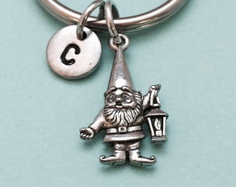 Gnome keychain, gnome charm, garden gnome keychain, personalized keychain, initial keychain, initial charm, monogram