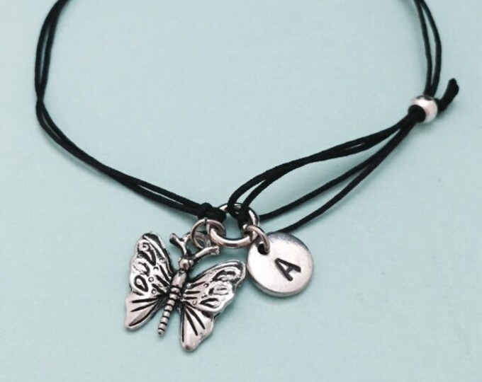 Butterfly cord bracelet, butterfly charm bracelet, adjustable bracelet, charm bracelet, personalized bracelet, initial bracelet, monogram