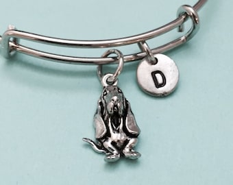 Basset hound bangle, basset hound charm bracelet, expandable bangle, charm bangle, personalized bracelet, initial bracelet, monogram