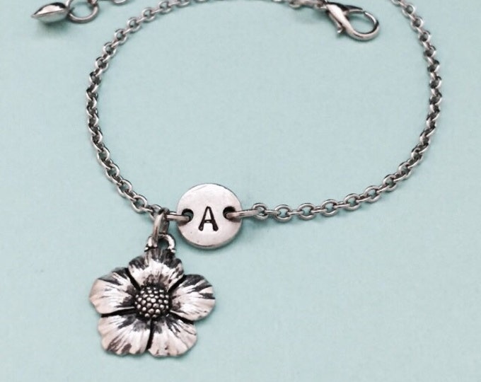Flower charm bracelet, flower charm, adjustable bracelet, plant, personalized bracelet, initial bracelet, monogram