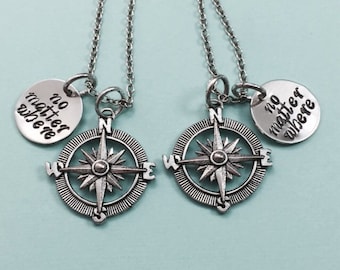 Best friend necklace, no matter where, compass charm, bff necklace, sister, mother daughter, friendship jewelry, friends, quote necklace