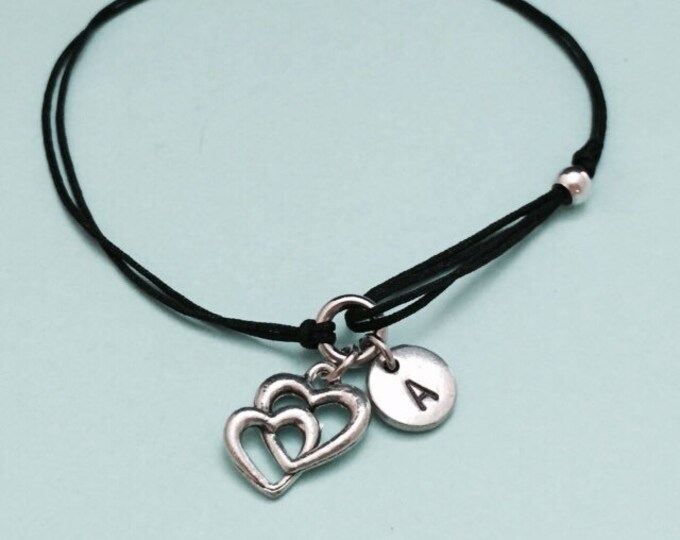 Two hearts cord bracelet, two hearts charm bracelet, adjustable bracelet, charm bracelet, personalized bracelet, initial bracelet, monogram