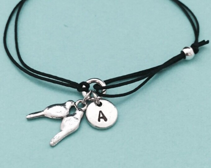 Two birds cord bracelet, two birds charm bracelet, adjustable bracelet, charm bracelet, personalized bracelet, initial bracelet, monogram