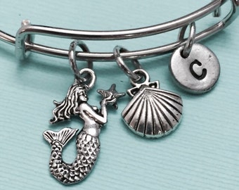 Mermaid bangle, mermaid charm bangle, expandable bangle, charm bangle, personalized bracelet, initial bracelet, monogram