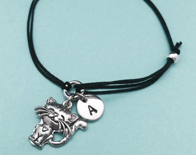 Cat cord bracelet, cat charm bracelet, adjustable bracelet, charm bracelet, personalized bracelet, initial bracelet, monogram
