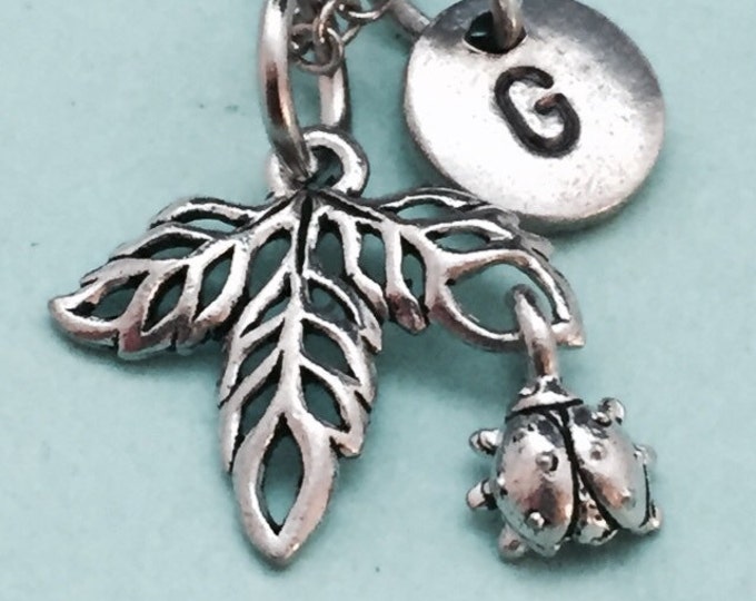 Leaf necklace, leaf charm, nature necklace, personalized necklace, initial necklace, initial charm, monogram
