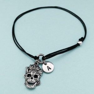 Sugar skull cord bracelet, sugar skull charm bracelet, adjustable bracelet, charm bracelet, personalized bracelet, initial, monogram