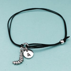 Caterpillar cord bracelet, caterpillar charm bracelet, adjustable bracelet, charm bracelet, personalized bracelet, initial, monogram