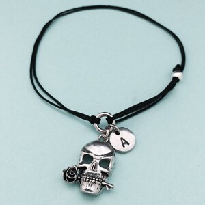 Skull with rose cord bracelet, skull with rose charm bracelet, adjustable bracelet, charm bracelet, personalized bracelet, initial, monogram