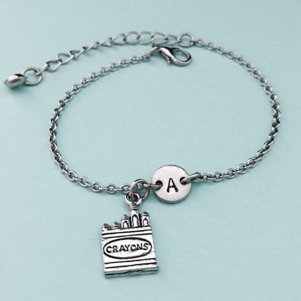 Buntstifte charm Armband, Buntstifte Charme, verstellbare Armband, Kindheit, personalisierte Armband, erste Armband, Monogramm