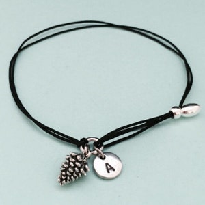 Pinecone cord bracelet, pinecone charm bracelet, adjustable bracelet, charm bracelet, personalized bracelet, initial, monogram