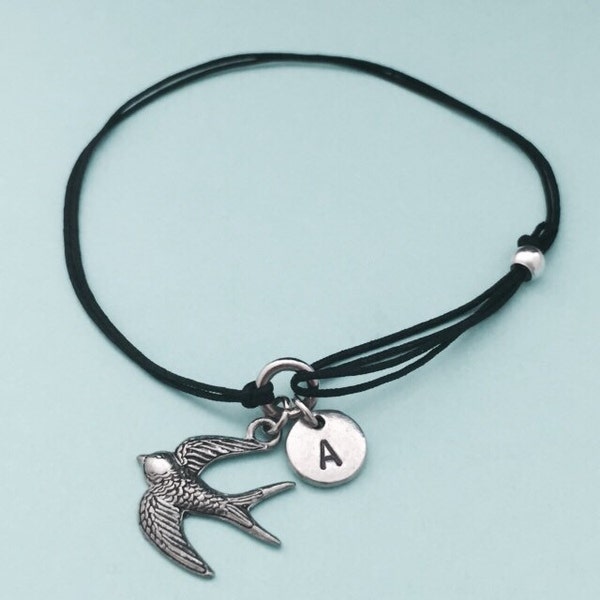 Swallow cord bracelet, swallow charm bracelet, adjustable bracelet, charm bracelet, personalized bracelet, initial bracelet, monogram