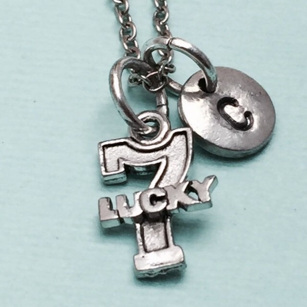 Lucky 7 necklace, lucky 7 charm, goodluck charm necklace, personalized necklace, initial necklace, initial charm, monogram
