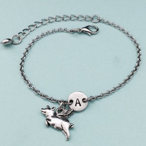Pulsera con dije de cerdo volador, dije de cerdo volador, pulsera ajustable, animal, pulsera personalizada, inicial, monograma