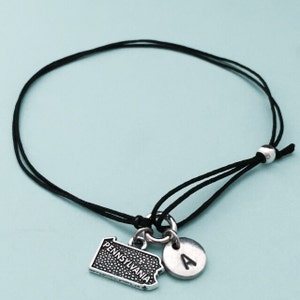Pennsylvania cord bracelet, Pennsylvania charm bracelet, adjustable bracelet, charm bracelet, personalized bracelet, initial, monogram