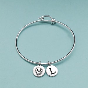 Skull charm bangle, skull charm bracelet, skull charm, silver bangle, personalized bracelet, initial bracelet, monogram