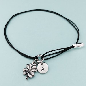 Four leaf clover cord bracelet, four leaf clover charm bracelet, adjustable bracelet, charm bracelet, personalized bracelet, monogram