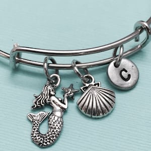 Mermaid bangle, mermaid charm bangle, expandable bangle, charm bangle, personalized bracelet, initial bracelet, monogram